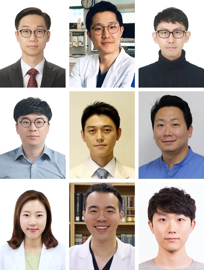 국제구강악안면외과전문의를 취득한 국내 구강외과전문의 9명(사진 맨위 좌측부터 석현 교수, 유재식 교수, 김수호 교수, 이상민 교수, 안재명 교수, 박한결 전임의, 전다니 원장, 구정귀 대위, 김동율 과장)