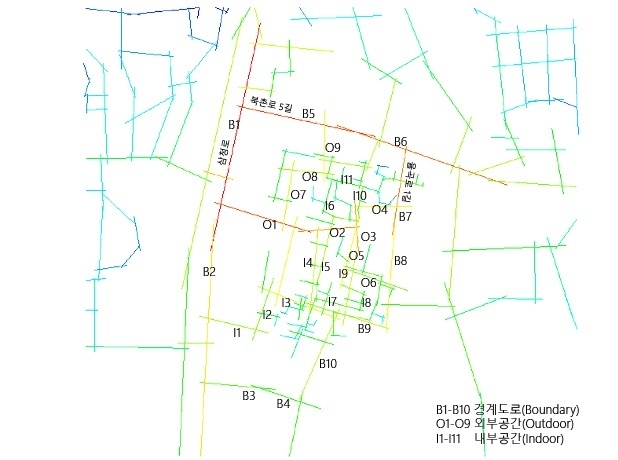 국립현대미술관 서울관과 주변 환경 주요가로체계와 통합도(내외부 100m)