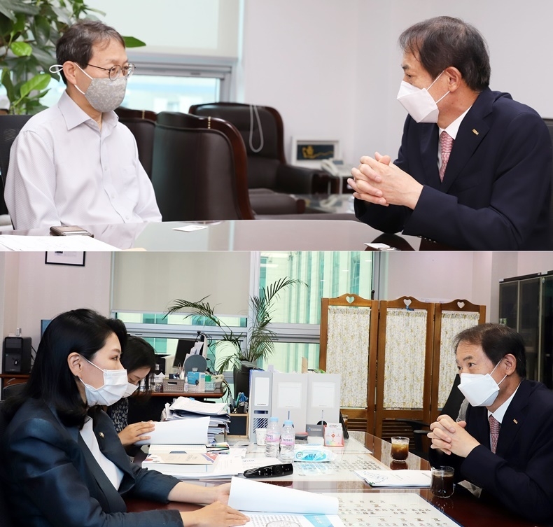 국회 보건복지위원회 여당 간사인 김성주 의원과 면담하고 있는 박태근 회장(사진 위). 같은 당 신현영 의원과도 간담회를 갖고 치과계 현안에 대해 협조를 요청하고 있다.(사진 아래)
