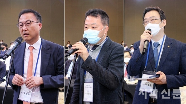 치협 총회 감사보고에서 발언하고 있는 박현수 대의원(충남지부), 이만규 대의원(충북지부), 이재용 대의원(서울지부)