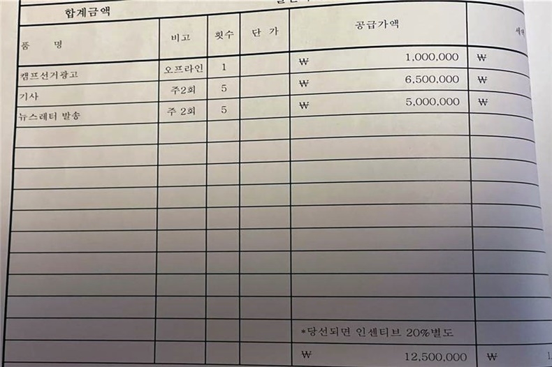 최치원, 장재완, 김민겸 세 후보가 공개한 A전문지의 견적서. 세 후보는 A전문지가 대한치과의사협회 제33대 회장단선거에 출마한 모든 캠프에 이와 같은 제안을 했다고 폭로했다. 그러면서 박태근 후보만이 A전문지의 제안을 받아들였다며, 불법금품선거로 고발한다는 내용의 공동성명서를 오늘(8일) 발표했다. 