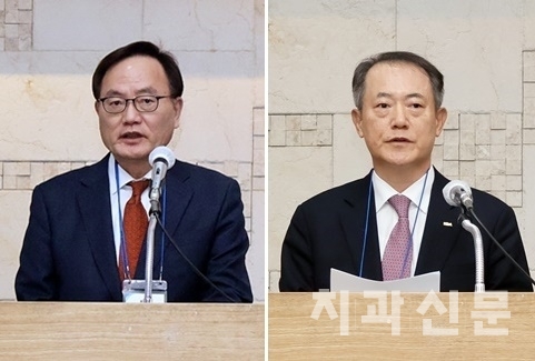 개회사를 하고 있는 박종호 의장(사진 왼쪽)과 인사말을 하는 박태근 회장(사진 오른쪽)
