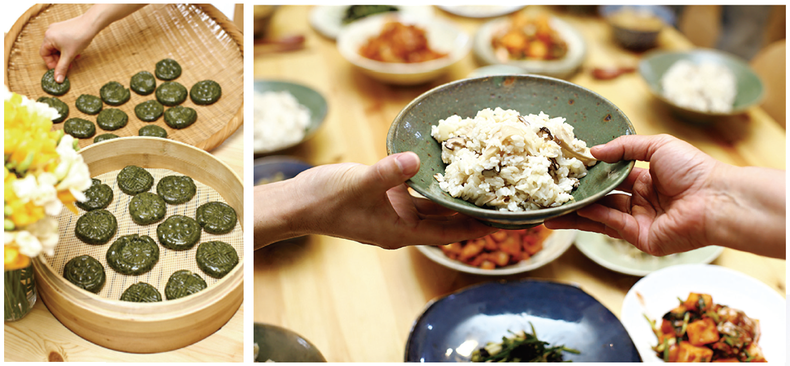 1. 겨울의 추위를 이기고 나온 쑥의 기운이 담긴 쑥개떡, 여럿이 모여 먹으면 더 맛있다<br>
2.. 계절이 담긴 밥상에 맛과 건강이 함께 있다